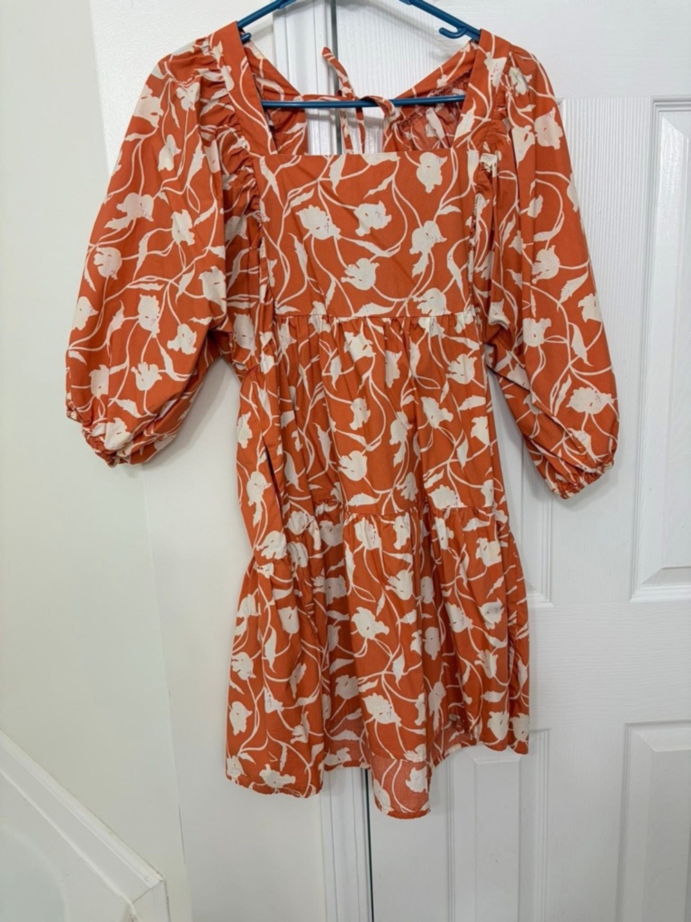 a new day Orange and Cream Floral Midi Dress with Puff Sleeves